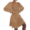 image:imageLYANER Womens Shirred Party Mini Dress  Square Neck Lantern Long Sleeve Ruffle A Line Flowy Casual Short DressesKhaki