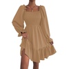 image:imageLYANER Womens Shirred Party Mini Dress  Square Neck Lantern Long Sleeve Ruffle A Line Flowy Casual Short DressesKhaki