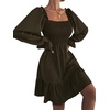 image:imageLYANER Womens Shirred Party Mini Dress  Square Neck Lantern Long Sleeve Ruffle A Line Flowy Casual Short DressesSolid Army Green