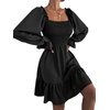 image:imageLYANER Womens Shirred Party Mini Dress  Square Neck Lantern Long Sleeve Ruffle A Line Flowy Casual Short DressesSolid Black