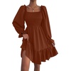 image:imageLYANER Womens Shirred Party Mini Dress  Square Neck Lantern Long Sleeve Ruffle A Line Flowy Casual Short DressesSolid Caramel