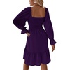 image:imageLYANER Womens Shirred Party Mini Dress  Square Neck Lantern Long Sleeve Ruffle A Line Flowy Casual Short DressesSolid Dark Purple