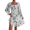 image:imageLYANER Womens Shirred Party Mini Dress  Square Neck Lantern Long Sleeve Ruffle A Line Flowy Casual Short DressesWhite Print