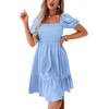 image:imageLYANER Womens Smocked Casual Mini Dress  Square Neck Puff Short Sleeve Ruched Tiered Ruffle Flowy A Line Wedding Guest Short DressesBlue