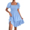 image:imageLYANER Womens Smocked Casual Mini Dress  Square Neck Puff Short Sleeve Ruched Tiered Ruffle Flowy A Line Wedding Guest Short DressesBlue