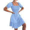 image:imageLYANER Womens Smocked Casual Mini Dress  Square Neck Puff Short Sleeve Ruched Tiered Ruffle Flowy A Line Wedding Guest Short DressesBlue