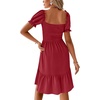 image:imageLYANER Womens Smocked Casual Mini Dress  Square Neck Puff Short Sleeve Ruched Tiered Ruffle Flowy A Line Wedding Guest Short DressesWine Red
