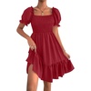 image:imageLYANER Womens Smocked Casual Mini Dress  Square Neck Puff Short Sleeve Ruched Tiered Ruffle Flowy A Line Wedding Guest Short DressesWine Red