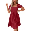 image:imageLYANER Womens Smocked Casual Mini Dress  Square Neck Puff Short Sleeve Ruched Tiered Ruffle Flowy A Line Wedding Guest Short DressesWine Red