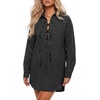 image:imageLYANER Womens Striped Tie Front Casual Mini Dress  Lapel Collar Drop Shoulder Long Sleeve Button Cuffs Curved Hem Comfy Soft Short DressesBlack