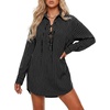 image:imageLYANER Womens Striped Tie Front Casual Mini Dress  Lapel Collar Drop Shoulder Long Sleeve Button Cuffs Curved Hem Comfy Soft Short DressesBlack