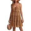 image:imageLYANER Womens Swiss Dot Spaghetti Strap Tie Smocked Tiered Flowy Beach Vacation Mini SundressLight Brown
