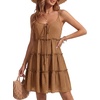 image:imageLYANER Womens Swiss Dot Spaghetti Strap Tie Smocked Tiered Flowy Beach Vacation Mini SundressLight Brown