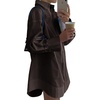 image:imageLYANER Womens V Neck Casual Shirt Dress  Collar Button Down Loose Long Sleeve Mini DressesTan