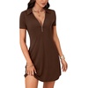 image:imageLYANER Womens Zipper Front Casual Mini Dress  Summer Low Cut V Neck Short Sleeve Ruffle A Line Sexy Short DressesDark Brown