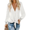 image:imageLYANER Womens Casual V Neck Long Sleeve Tie Front Knot Button Down Shirt Blouse TopSolid White