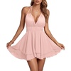 image:imageLYANER Womens Deep V Neck Sexy Mini Dress  Halter Backless Sleeveless Fit and Flare Ruched Ruffle A Line Cocktail Party Short Skater DressesSolid Pink