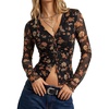 image:imageLYANER Womens Floral Mesh Ruched Button Boho Blouse Tops  Floral Print Sheer Mesh Button Down V Neck Frill Trim Long Sleeve Comfort Soft Shirts with LiningBlack