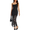 image:imageLYANER Womens Sheer Lace Layered Tulle Hem Spaghetti Straps Slit Bodycon Cocktail Party Maxi DressBlack