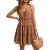 image:imageLYANER Womens Swiss Dot Spaghetti Strap Tie Smocked Tiered Flowy Beach Vacation Mini SundressLight Brown