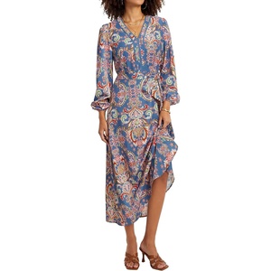image:imageLYANER Womens Boho Tie Waist Casual Long Dress  paisley print V neck Puff long sleeve A line midi dressesBlue