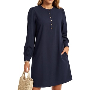 image:imageLYANER Womens Button Up Long Sleeve Casual Mini Dresses  Round Neck Puff Sleeve A Line Dressy Short Dress with Pockets Summer Buiness OutfitsNavy