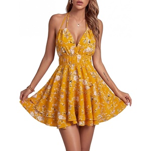 image:imageLYANER Womens Deep V Neck Sexy Mini Dress  Halter Backless Sleeveless Fit and Flare Ruched Ruffle A Line Cocktail Party Short Skater DressesFlower Yellow