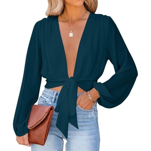 image:imageLYANER Womens Deep V Neck Sexy Wrap Crop Top  Summer Tie Front Knot Long Sleeve Dressy Casual BlouseTeal