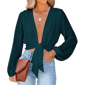 image:imageLYANER Womens Deep V Neck Sexy Wrap Crop Top  Summer Tie Front Knot Long Sleeve Dressy Casual BlouseWood Green