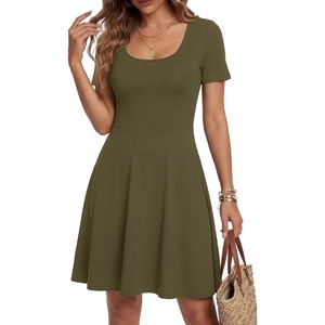 image:imageLYANER Womens Fit and Flare Casual Mini Dress  Summer Scoop Neck Short Sleeve Ruffle A Line Beach Vacation Short Skater DressesArmy Green