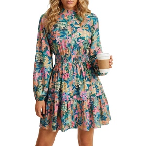 image:imageLYANER Womens Floral Button Up Smocked Boho Mini Dress  Print Mock Neck Raglan Long Sleeve Ruched Ruffle A Line Semi Formal Wedding Guest Short DressesDark Green