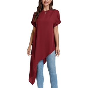 image:imageLYANER Womens Irregular Hem Dressy Top  Summer Mock Neck Short Sleeve Loose Fit Elegant Casual Blouse Tops Work ShirtBurgundy