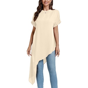 image:imageLYANER Womens Irregular Hem Dressy Top  Summer Mock Neck Short Sleeve Loose Fit Elegant Casual Blouse Tops Work ShirtLight Apricot