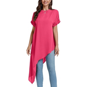 image:imageLYANER Womens Irregular Hem Dressy Top  Summer Mock Neck Short Sleeve Loose Fit Elegant Casual Blouse Tops Work ShirtRose