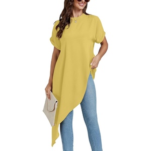 image:imageLYANER Womens Irregular Hem Dressy Top  Summer Mock Neck Short Sleeve Loose Fit Elegant Casual Blouse Tops Work ShirtYellow