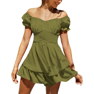 image:imageLYANER Womens Off Shoulder Casual Dress  Summer Tie Back Wrap Layer Ruffle A Line Short Sleeve Party Elegant Mini DressesArmy Green