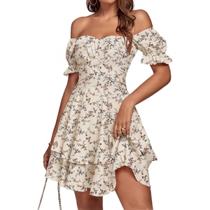 image:imageLYANER Womens Off Shoulder Casual Dress  Summer Tie Back Wrap Layer Ruffle A Line Short Sleeve Party Elegant Mini DressesBeige Print