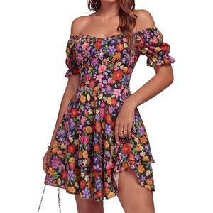 image:imageLYANER Womens Off Shoulder Casual Dress  Summer Tie Back Wrap Layer Ruffle A Line Short Sleeve Party Elegant Mini DressesBlack Red Floral