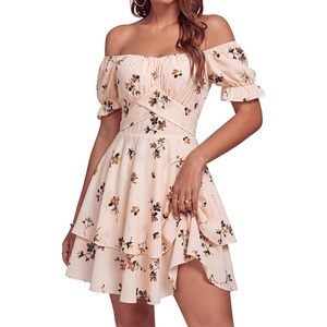 image:imageLYANER Womens Off Shoulder Casual Dress  Summer Tie Back Wrap Layer Ruffle A Line Short Sleeve Party Elegant Mini DressesCream Brown Ditsy