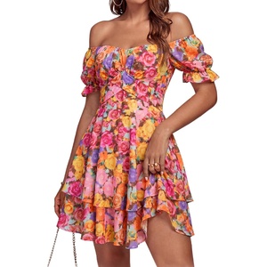 image:imageLYANER Womens Off Shoulder Casual Dress  Summer Tie Back Wrap Layer Ruffle A Line Short Sleeve Party Elegant Mini DressesFlower Print