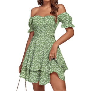 image:imageLYANER Womens Off Shoulder Casual Dress  Summer Tie Back Wrap Layer Ruffle A Line Short Sleeve Party Elegant Mini DressesGrass Green Print