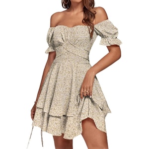 image:imageLYANER Womens Off Shoulder Casual Dress  Summer Tie Back Wrap Layer Ruffle A Line Short Sleeve Party Elegant Mini DressesKhaki Print