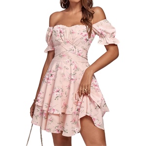 image:imageLYANER Womens Off Shoulder Casual Dress  Summer Tie Back Wrap Layer Ruffle A Line Short Sleeve Party Elegant Mini DressesPink Floral Print