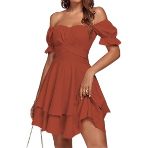image:imageLYANER Womens Off Shoulder Casual Dress  Summer Tie Back Wrap Layer Ruffle A Line Short Sleeve Party Elegant Mini DressesPlain Caramel