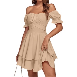 image:imageLYANER Womens Off Shoulder Casual Dress  Summer Tie Back Wrap Layer Ruffle A Line Short Sleeve Party Elegant Mini DressesPlain Khaki