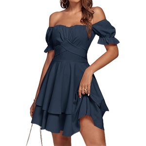 image:imageLYANER Womens Off Shoulder Casual Dress  Summer Tie Back Wrap Layer Ruffle A Line Short Sleeve Party Elegant Mini DressesSoild Navy Blue