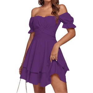 image:imageLYANER Womens Off Shoulder Casual Dress  Summer Tie Back Wrap Layer Ruffle A Line Short Sleeve Party Elegant Mini DressesSolid Dark Purple