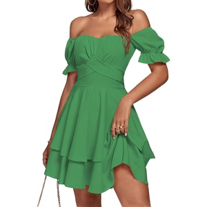 image:imageLYANER Womens Off Shoulder Casual Dress  Summer Tie Back Wrap Layer Ruffle A Line Short Sleeve Party Elegant Mini DressesSolid Grass Green