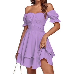 image:imageLYANER Womens Off Shoulder Casual Dress  Summer Tie Back Wrap Layer Ruffle A Line Short Sleeve Party Elegant Mini DressesSolid Light Purple