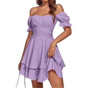 image:imageLYANER Womens Off Shoulder Casual Dress  Summer Tie Back Wrap Layer Ruffle A Line Short Sleeve Party Elegant Mini DressesSolid Lilac